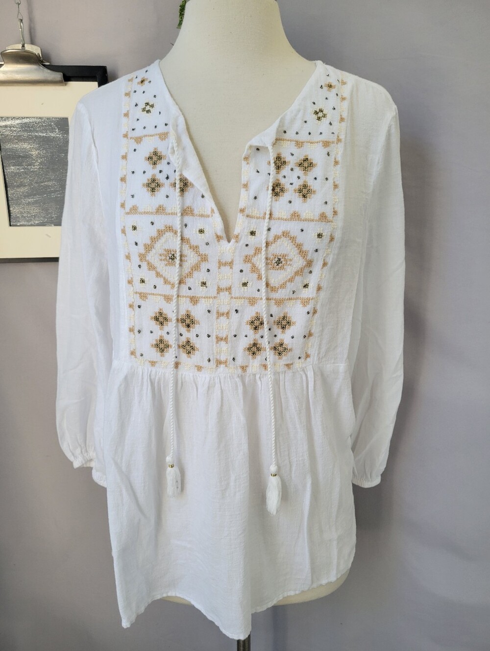 Lucky Brand Embroidered Peasant Blouse Top L